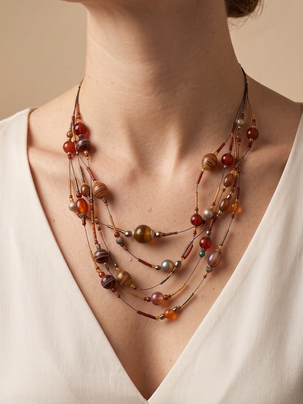Multi-Strand Earth Tone Beaded Necklace Fall Theme Colors